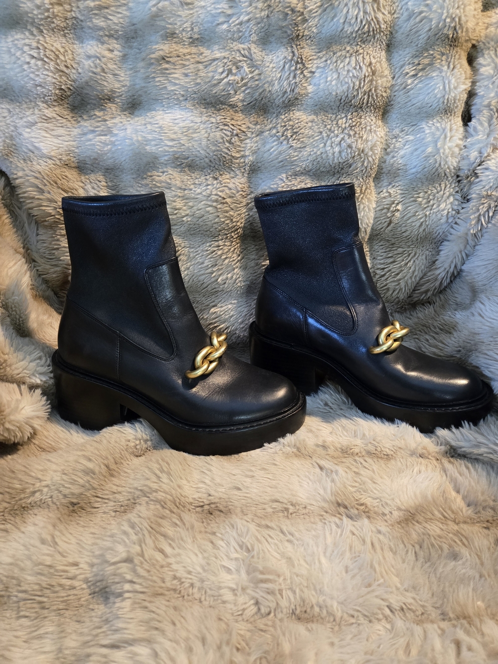 Coach Black Leather Platform Ankle Boots with Gold Chain
